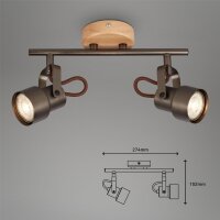 2-flammiger Deckenstrahler Tahun, Holz / Antik-Grau, 2x5W, 3000K, schwenkbar – Briloner