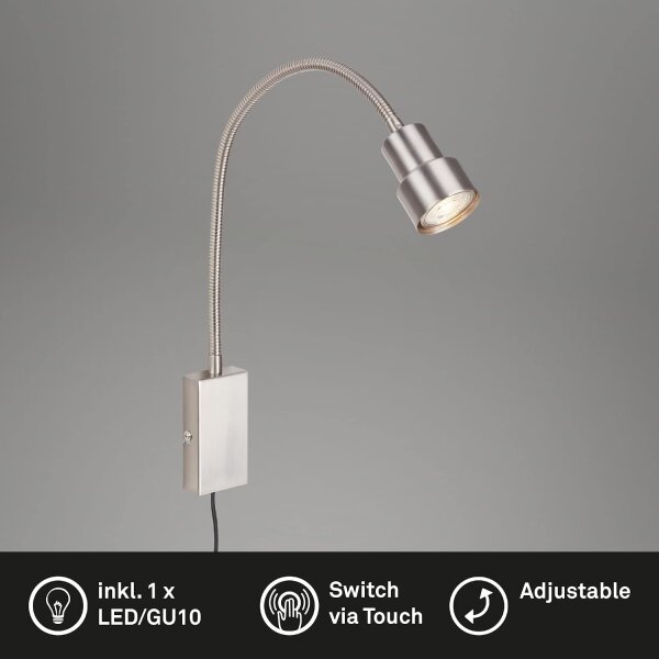 LED Wandlampe Bettlampe, Nickelmatt, 5 Watt, 400lm, 3000K, 2,6 x 6 x 69 cm – Briloner