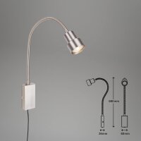 LED Wandlampe Bettlampe, Nickelmatt, 5 Watt, 400lm, 3000K, 2,6 x 6 x 69 cm – Briloner