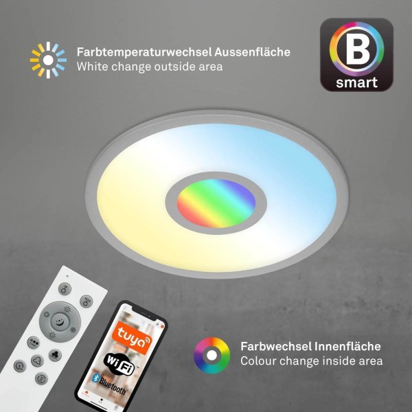 Briloner Deckenleuchte Smart Home Centerlight LED 24W Deckenlampe CCT RGB Dimmbar Silber