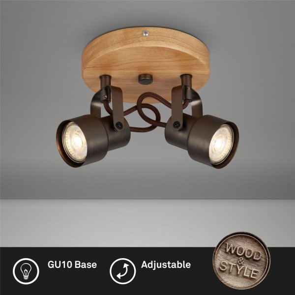 Deckenleuchte Briloner LED GU10 2x5W Ø 15,9CM Deckenlampe Holz Strahler Schwenkbar Spot 3000K Rund Antik-Grau