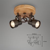2-flammiger Deckenstrahler Tahun, Holz / Antik-Grau, 2x5W, 3000K, schwenkbar – Briloner