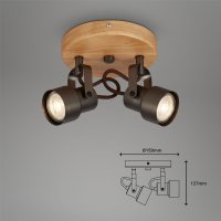 Deckenleuchte Briloner LED GU10 2x5W Ø 15,9CM Deckenlampe Holz Strahler Schwenkbar Spot 3000K Rund Antik-Grau