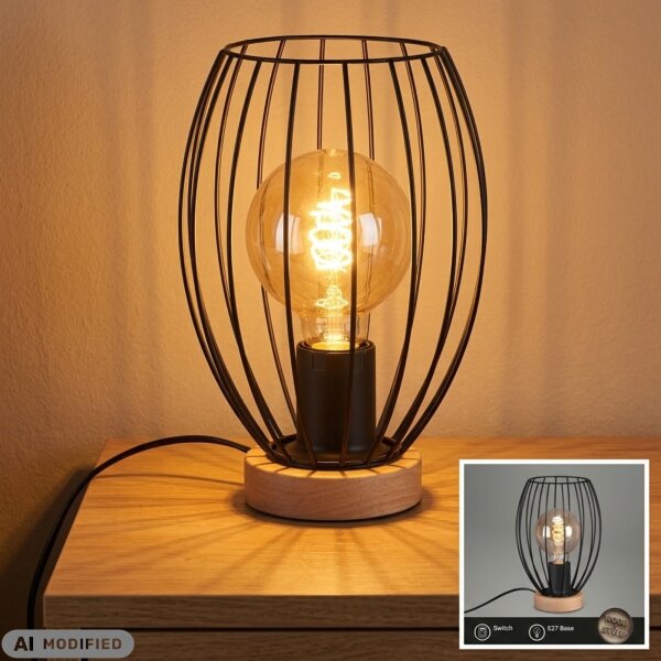 Tischleuchte Waktu, Schwarz / Holz, 25 Watt (exkl.), Ø 17,5 cm – Briloner
