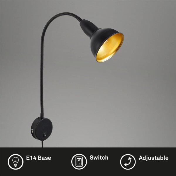 Wandleuchte Briloner E14-Fassung Ø 8CM Wandlampe Flexarm Schalter Spotl Bettleuchte Schwenkbar Bettlampe Schwarz-Gold