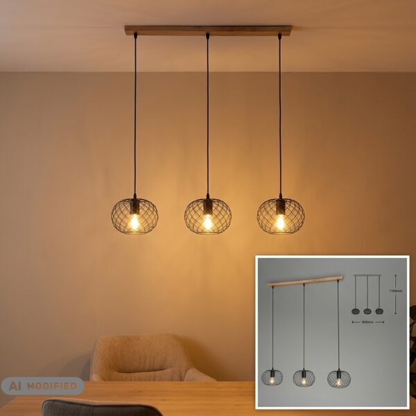 3-flammige Pendelleuchte Draht Holz, Schwarz / Holz, 3 x E27 max. 60W, 80 x 110 cm – Briloner