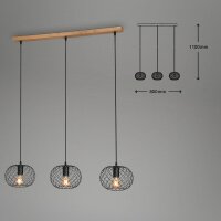 3-flammige Pendelleuchte Draht Holz, Schwarz / Holz, 3 x E27 max. 60W, 80 x 110 cm – Briloner