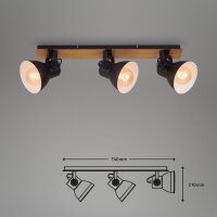 3-flammiger Deckenstrahler Tempa, Schwarz / Holz, 3x60W, schwenkbar, 74 x 21 cm – Briloner