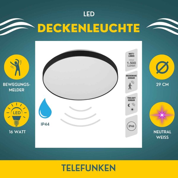 LED Deckenleuchte Sensor, Schwarz, 16 Watt, 1500lm, 4000K, IP44, Ø 29 cm – Telefunken