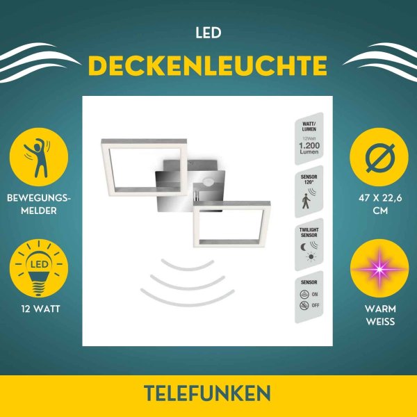 Deckenleuchte Telefunken Frame LED 12W Sensor Deckenlampe Schwenkbar Chrom-Alu