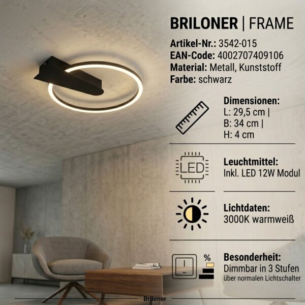 LED Deckenleuchte Frame, schwarz, 12 Watt, Warmweiß, dimmbar, 29,5 x 34 x 4 cm – Briloner