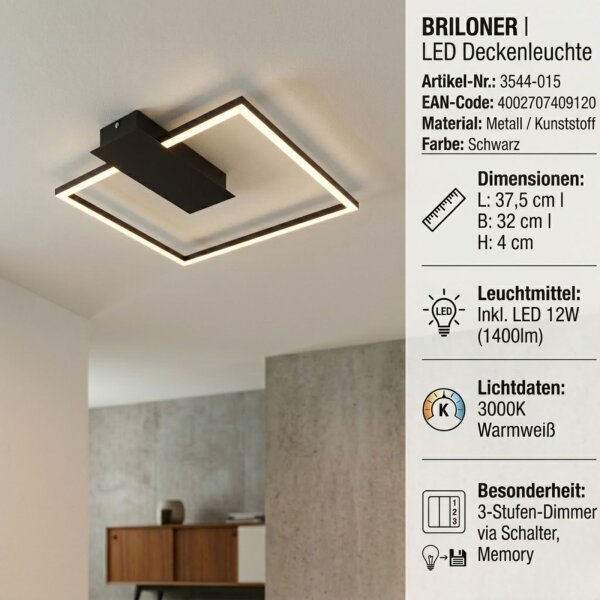 Briloner LED Deckenleuchte Schwarz Flach 3-Stufen-Dimmer Memory-Funktion 12W 1400lm Warmweiß
