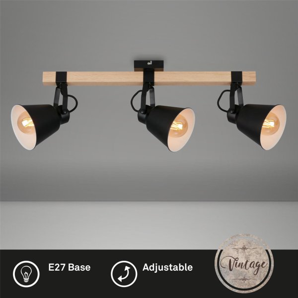 Deckenleuchte Briloner Spot Deckenlampe 3x E-27 Fassung Retro Schwarz-Holz