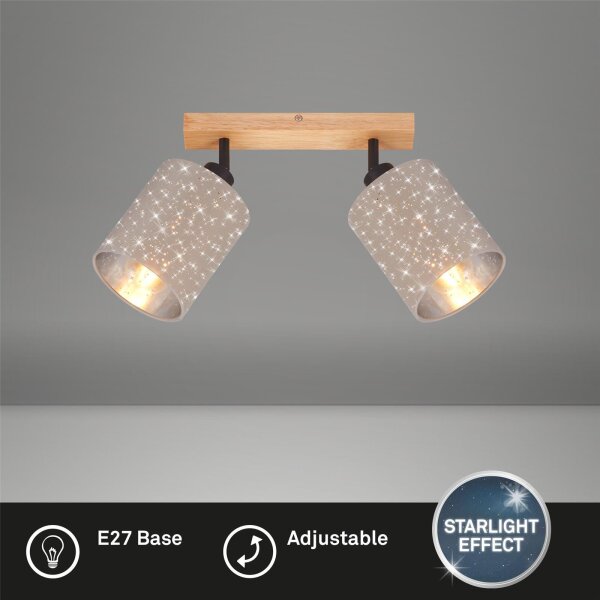 2-flammiger Deckenstrahler Stofa, Holz / Taupe, 2x40W (exkl.), Sternenhimmel-Effekt – Briloner