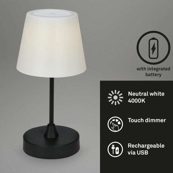 Akku Tischleuchte Briloner LED 3W Ø 14,5CM Tischlampe Außen IP44 Dimmbar Touch Außentischleuchte 4000K Schwarz