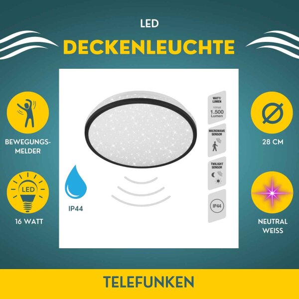 LED Deckenleuchte Sternenhimmel Sensor, Schwarz, 16 Watt, 4000K – Telefunken