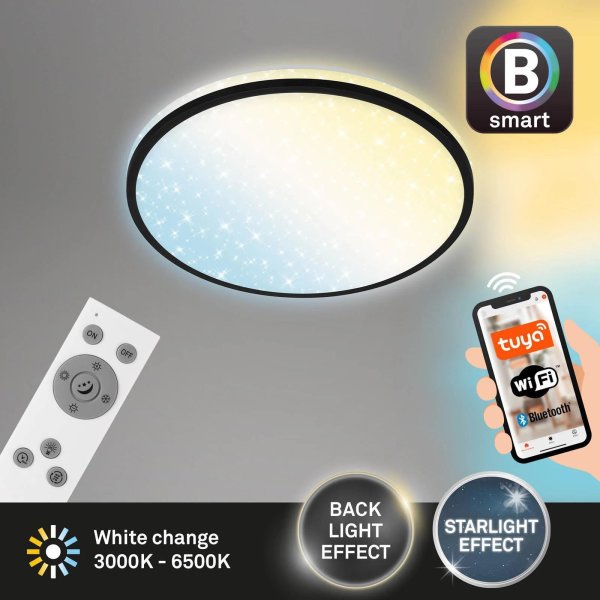 Deckenleuchte Briloner LED 24W Ø 33,3CM Deckenlampe Sternenhimmel CCT Dimmbar Backlight SmartHome Fernbedienung Rund Schwarz