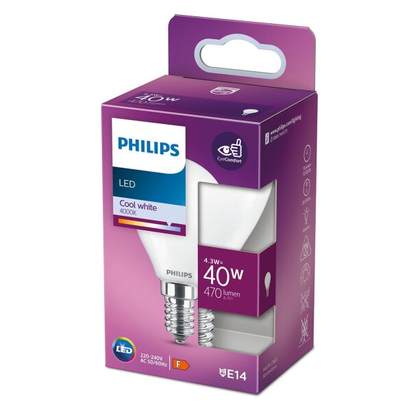 Leuchtmittel Philips LED Cool White E14 4,3W Globe 470 Lumen