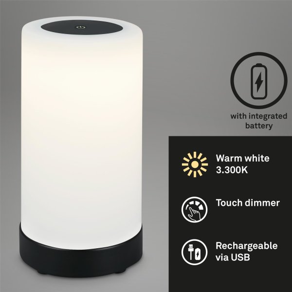 Akku Tischleuchte Briloner LED 3W Ø 12,5CM Akku Tischlampe IP44 Dimmbar Touch 3300K Außenleuchte  Schwarz