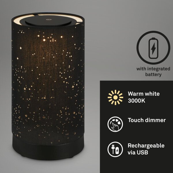Akku-Tischleuchte, schwarz, 3 Watt, Warmweiß, Stoff, dimmbar, Ø 12,5 cm – Briloner