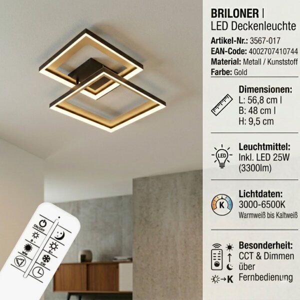 Briloner Deckenleuchte LED 25W Deckenlampe CCT Fernbedienung Schwenkbar Gold
