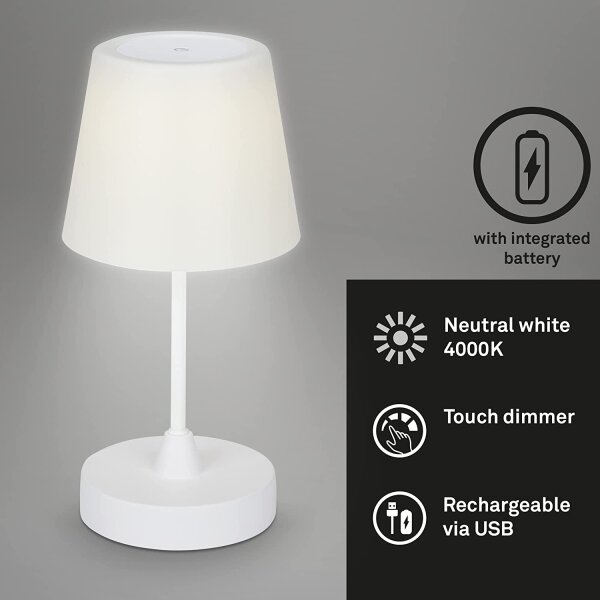 Akku-Leuchte Briloner 3 Watt LED Tischleuchte Weiß IP44 Touchdimmer Tischlampe