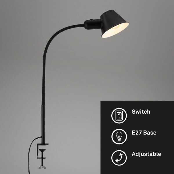 Klemmlampe Klemmleuchte, Schwarz, 10 Watt, E27-Fassung, schwenkbar, 41 x 74 cm – Briloner