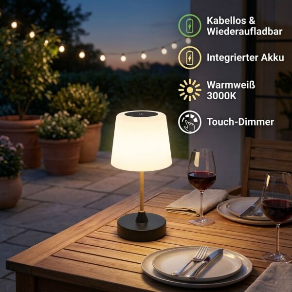 Akku Tischleuchte Briloner LED 3W  Tischlampe IP44 Außenleuchte Dimmbar Touch USB Aufladbar  Schwarz Holzoptik
