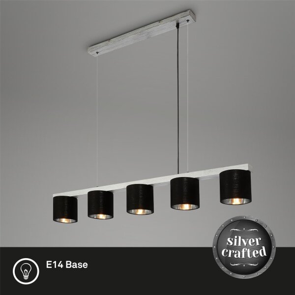 Pendelleuchte Briloner 5xE14 110CM Hängelampe Textilschirm Höhenverstellbar 136CM Holz Antik-Silber
