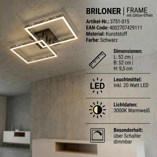 LED Deckenlampe Frame mit Glitzer-Effekt, Schwarz, 20 Watt, 3000K, dimmbar – Briloner