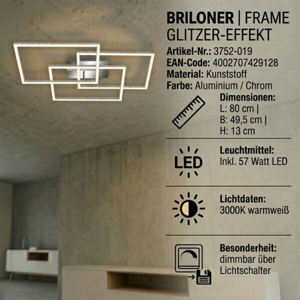 Deckenleuchte Briloner Frame LED 57W 80CM Deckenlampe Glitzereffekt Dimmbar 3000K