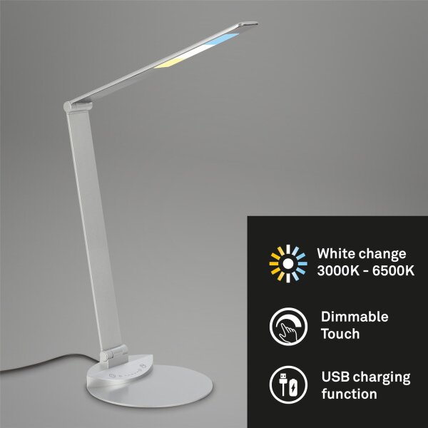Tischleuchte Briloner LED 6,5W 45CM Tischlampe Dimmbar CCT Touch USB Schwenkbar Büroleuchte Silber