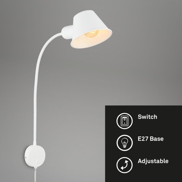 Wandleuchte Briloner E27-Fassung 55CM Wandlampe Flexarm Steckerleuchte Kabelschalter Leselampe Weiß