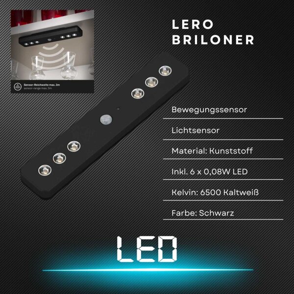 Akku-Sensorleuchte Lero, Schwarz, 6x0,08W, mit Bewegungsmelder, 21 x 4,2 x 2,3 cm – Briloner
