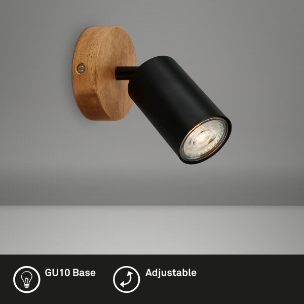 Wandstrahler, schwarz, GU10-Fassung, Holz, Ø 9 cm – Briloner