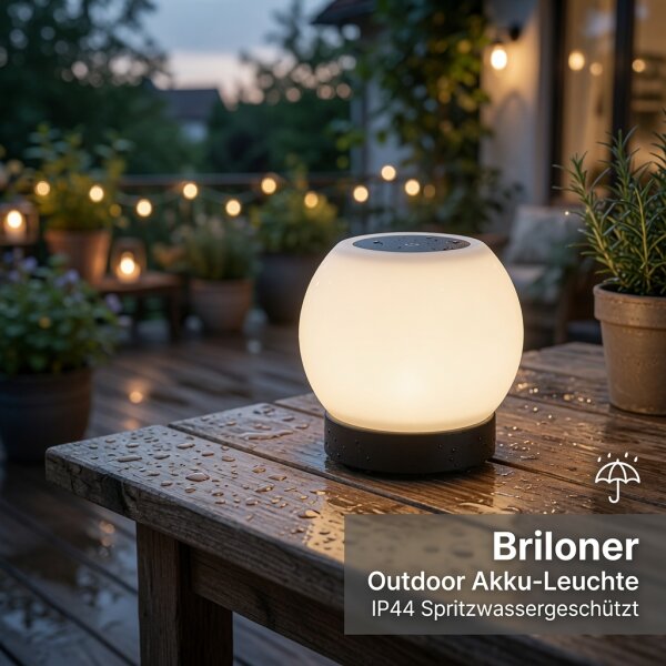 Akku-Tischlampe LED Akku-Tischleuchte mit IP44, Schwarz, 3 Watt, 350lm, 3000K, Glas – Briloner