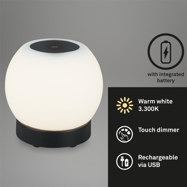 Akku Tischleuchte Briloner Tischlampe LED 3W 3000K Außenleuchte IP44 Akku USB Touchschalter Stufendimmbar Kugel Schwarz