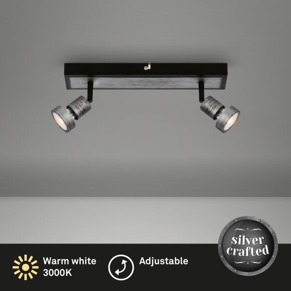 2-flammiger Deckenstrahler Silber, Silber Antik, 2x4,9W, 3000K, schwenkbar – Briloner