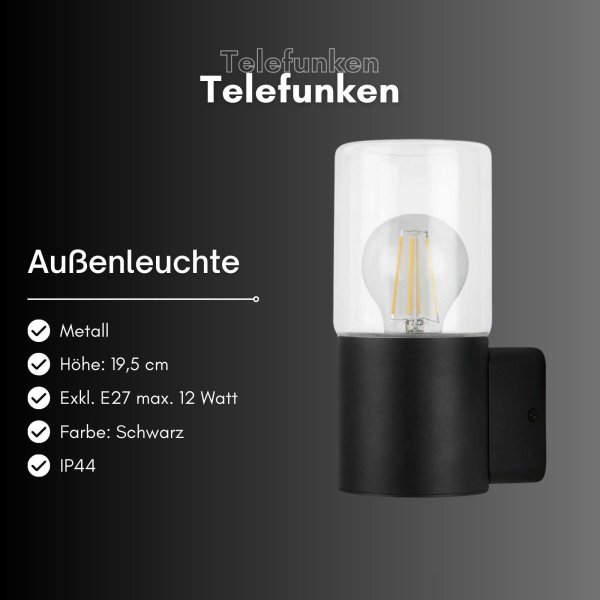 Außenleuchte Telefunken Außenlampe E27-Fassung IP44 Wandleuchte Schwarz