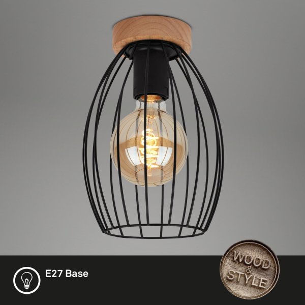 Deckenleuchte briloner E27-Fassung Ø 17,5CM Deckenlampe Holz Drahtkorb Schwarz