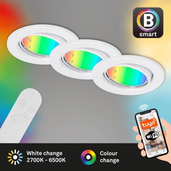 Einbauleuchten Briloner SmartHome 6,8cm 3er-Set Einbaulampe LED GU10 4,9W CCT RGB Downlight Fernbedienung Sprachsteuerung Weiß