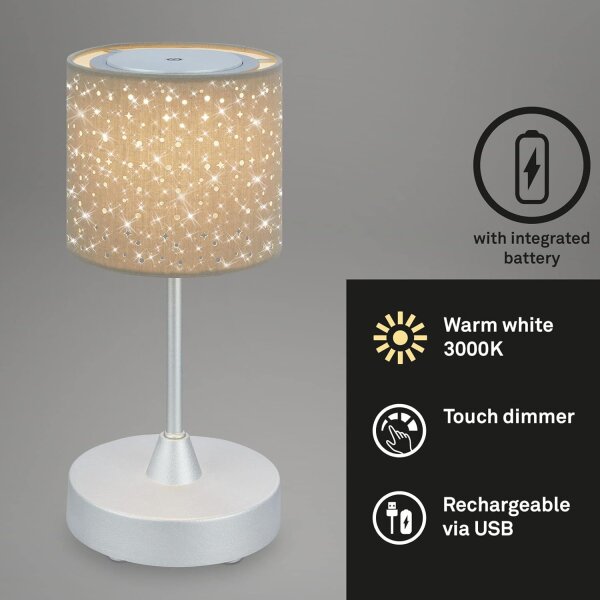 Akku-Leuchte Briloner 3 Watt LED Tischleuchte Sternenoptik Taupe Touchdimmer Tischlampe