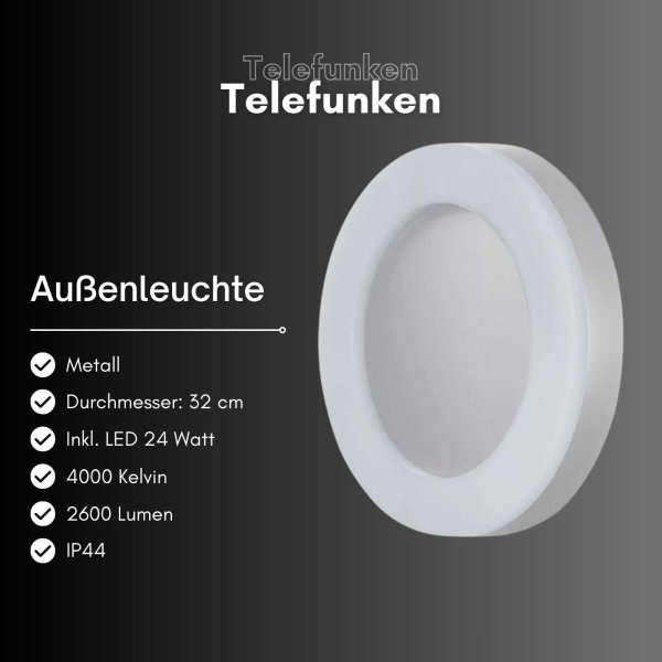 Außenleuchte Telefunken LED 24W Ø 32CM Außenlampe IP44 Wandleuchte 4000K Rund Silber