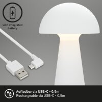 Akku-Tischleuchte Unplugged, Weiß, 2,6 Watt, dimmbar, IP44, Ø 16 cm – Briloner