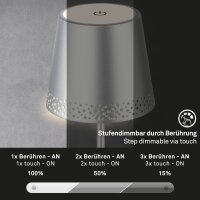Briloner Akku-Tischleuchte 7438-014 – höhenverstellbar 22–38 cm, 3-Stufen-Touchdimmer, USB, 2,6 W LED, warmweiß, Chrom-Matt