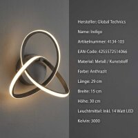 LED Wandleuchte Indigo, Anthrazit, 14 Watt, 3000K, 29 x 15 x 30 cm – Global Technics