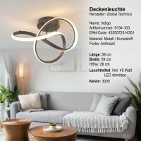 LED Deckenleuchte Indigo, Anthrazit, 45 Watt, 3000K, dimmbar, 59 x 59 x 29 cm – Global Technics