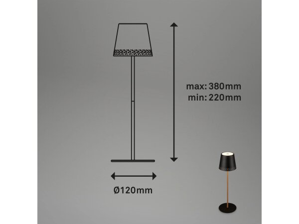 Briloner LED Akku-Tischleuchte Schwarz-Holz Ø12cm Höhenverstellbar Touch-Dimmer 2,6W 280lm Warmweiß