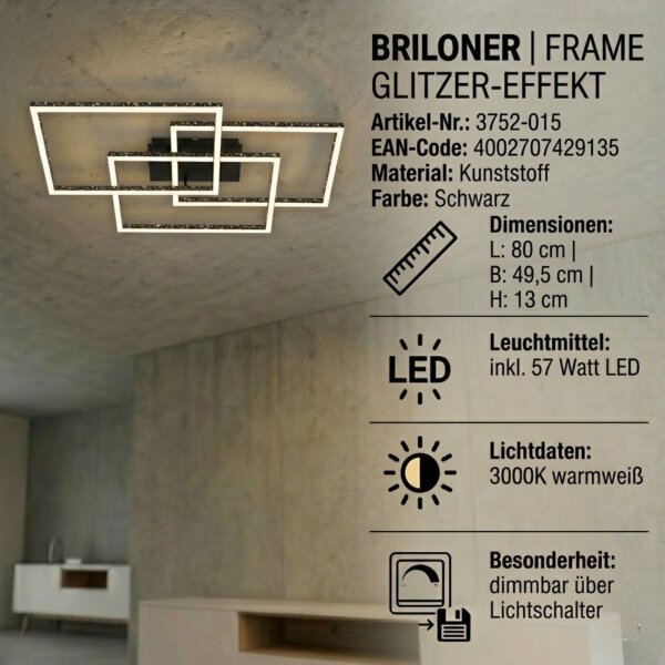 LED Deckenleuchte Frame Glitzer-Effekt, Schwarz, 57 Watt, 3000K, dimmbar, schwenkbar – Briloner