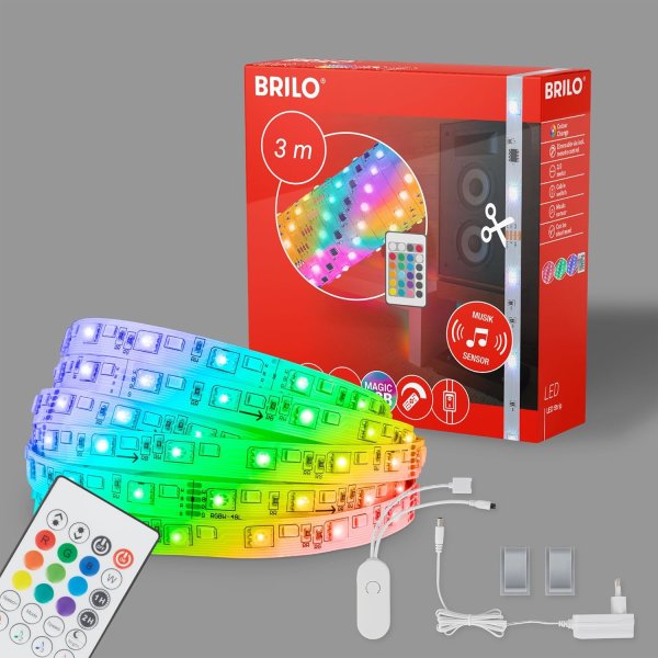 BRILONER - LED Strip 3m mit Musiksensor, RGB IC dynamischer Farbwechsel, Fernbedienung, LED Streifen, LED